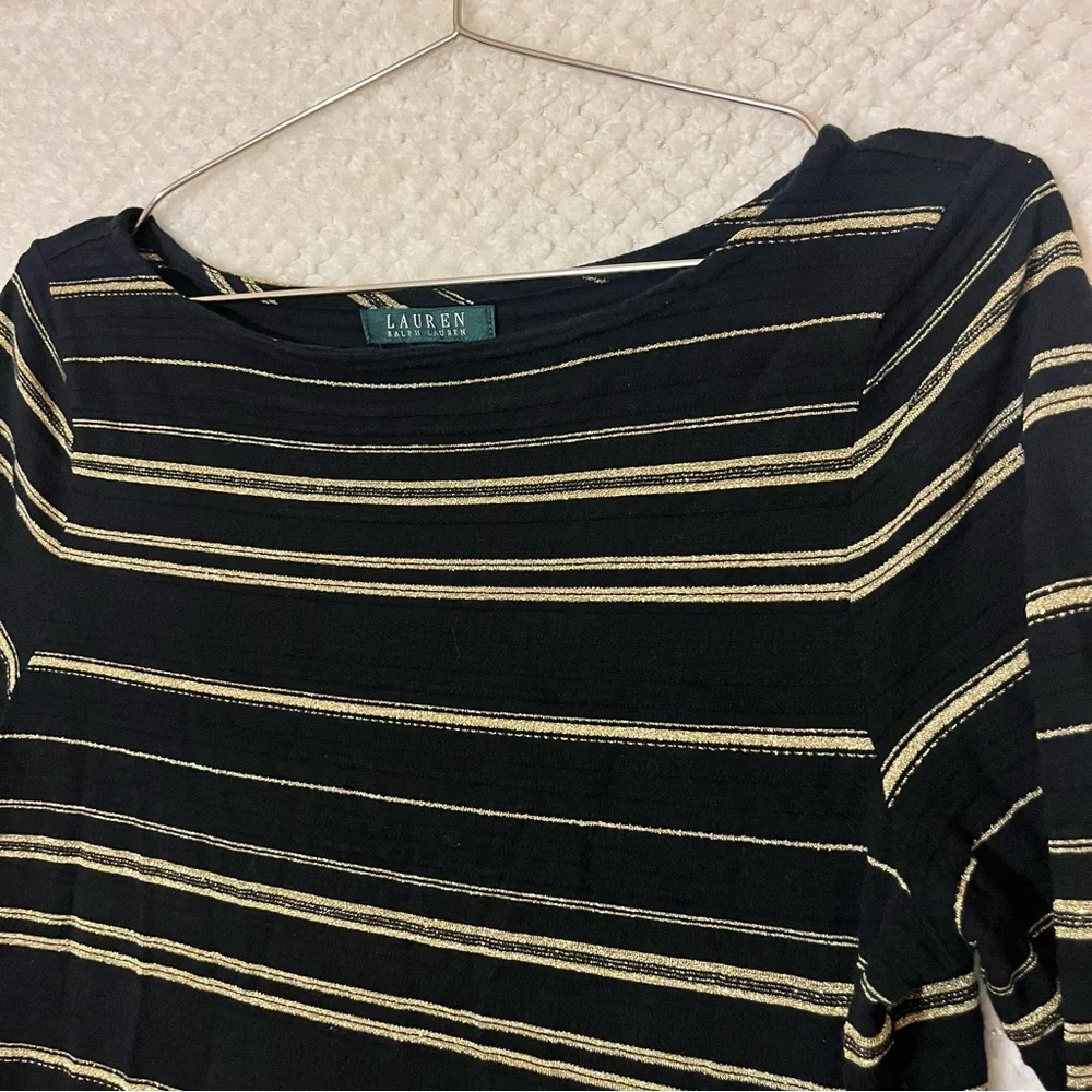 Lauren Ralph Lauren Navy Black & Gold Striped Boatneck Cotton Blend Womens MED - Picture 3 of 4